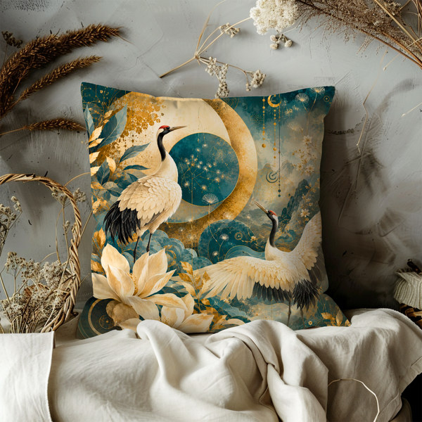 Japanese Crane Lotus Pillow Cover – Oriental Mystical Art | Elegant Decor