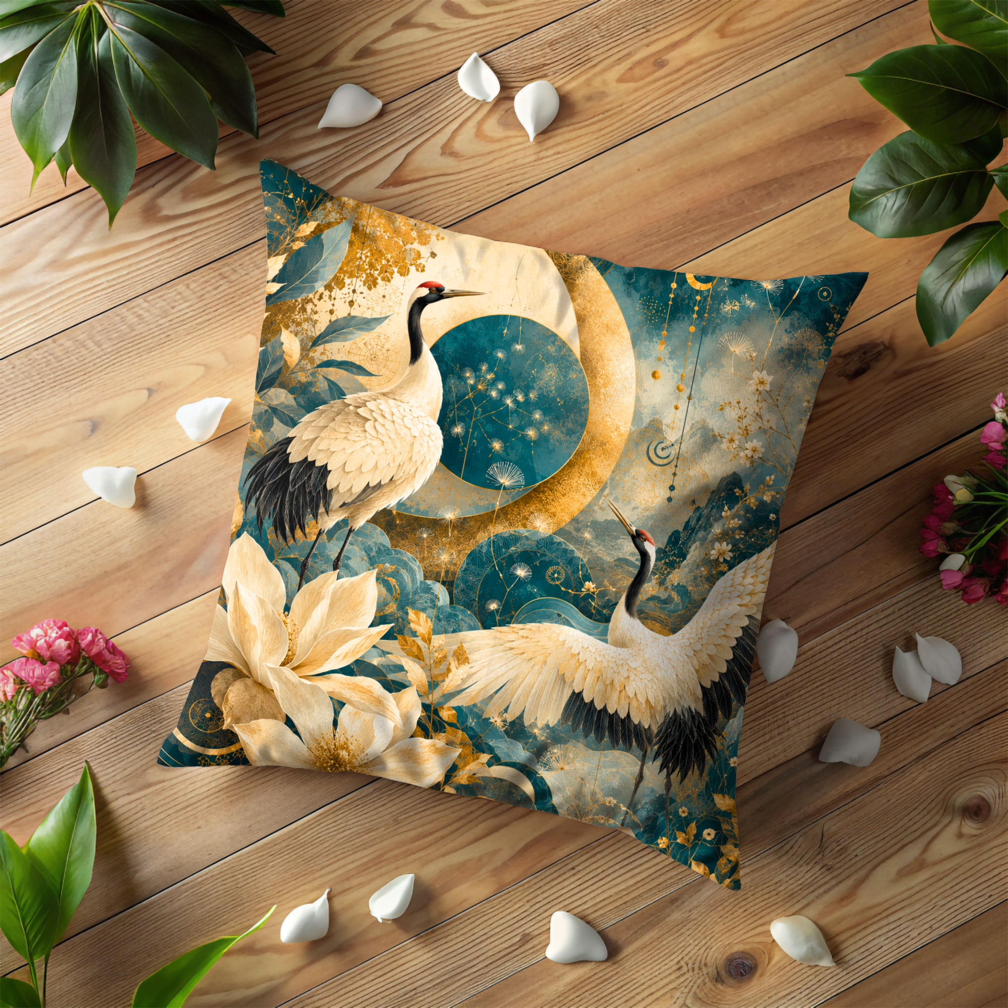 Japanese Crane Lotus Pillow Cover | Oriental Mystical Art | Elegant Decor