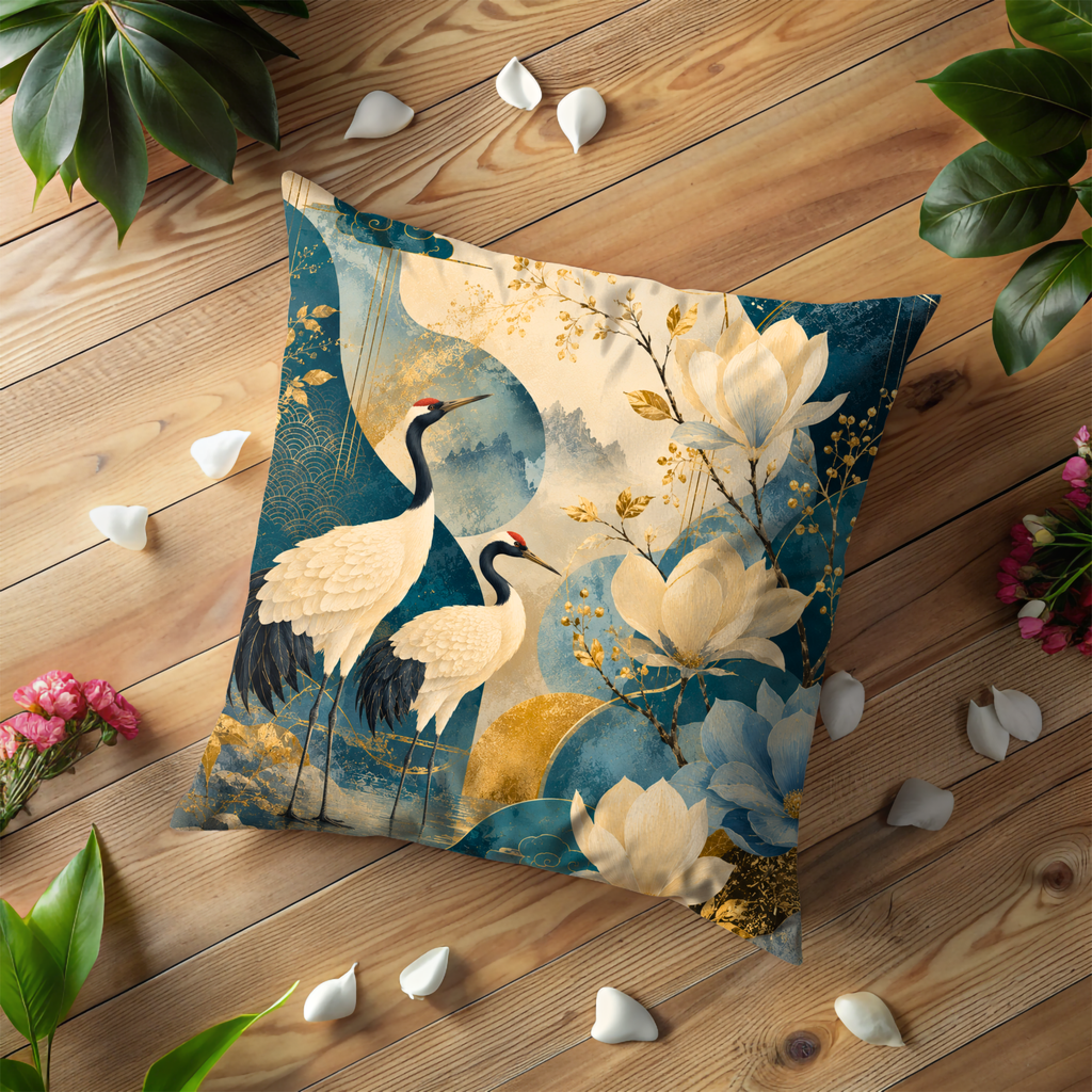 Japanese Crane Pillow Cover | Elegant Oriental Art | Luxe Nature Decor