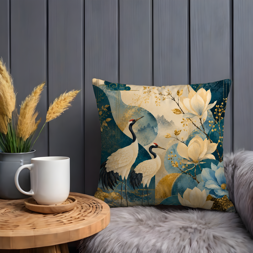 Japanese Crane Pillow Cover | Elegant Oriental Art | Luxe Nature Decor