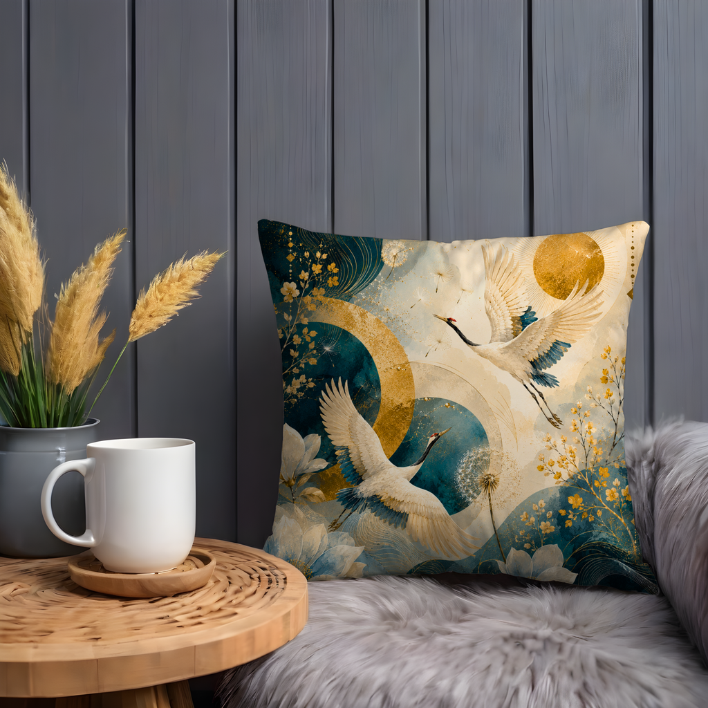 Flying Japanese Crane Pillow Cover | Mystical Lotus Art | Oriental Decor
