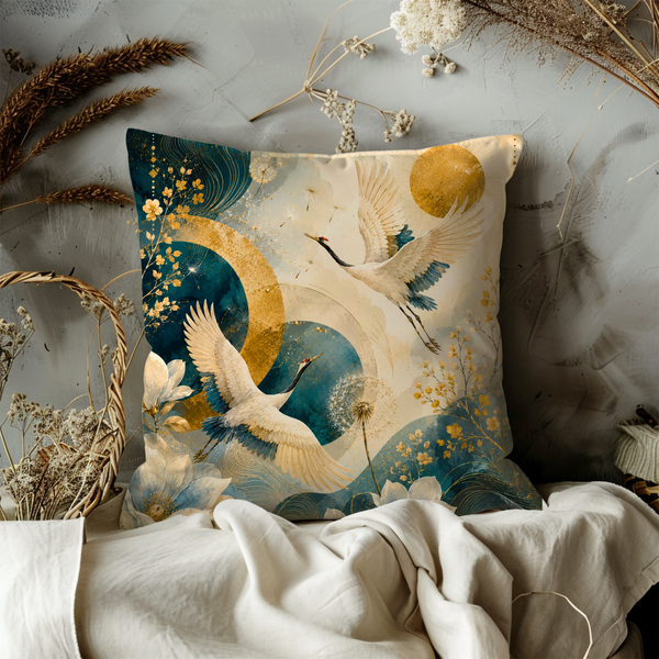 Flying Japanese Crane Pillow Cover – Mystical Lotus Art | Oriental Decor