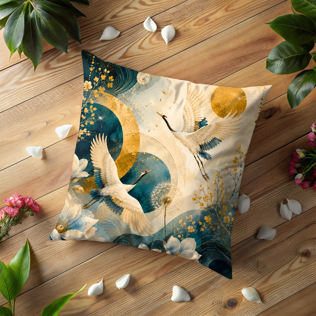 Flying Japanese Crane Pillow Cover | Mystical Lotus Art | Oriental Decor