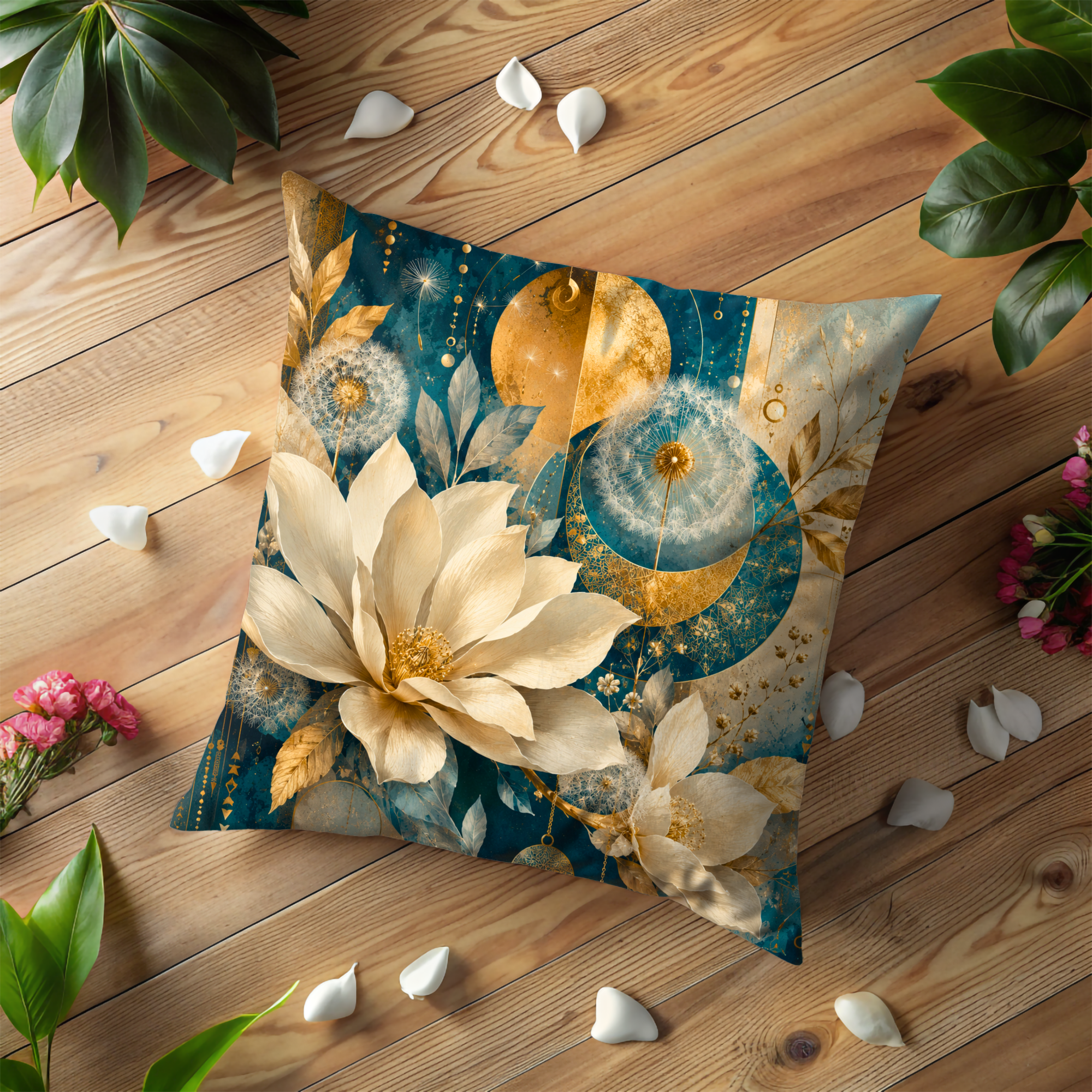 Celestial Floral Pillow Cover | Elegant Moon Art | Luxe Botanical Decor