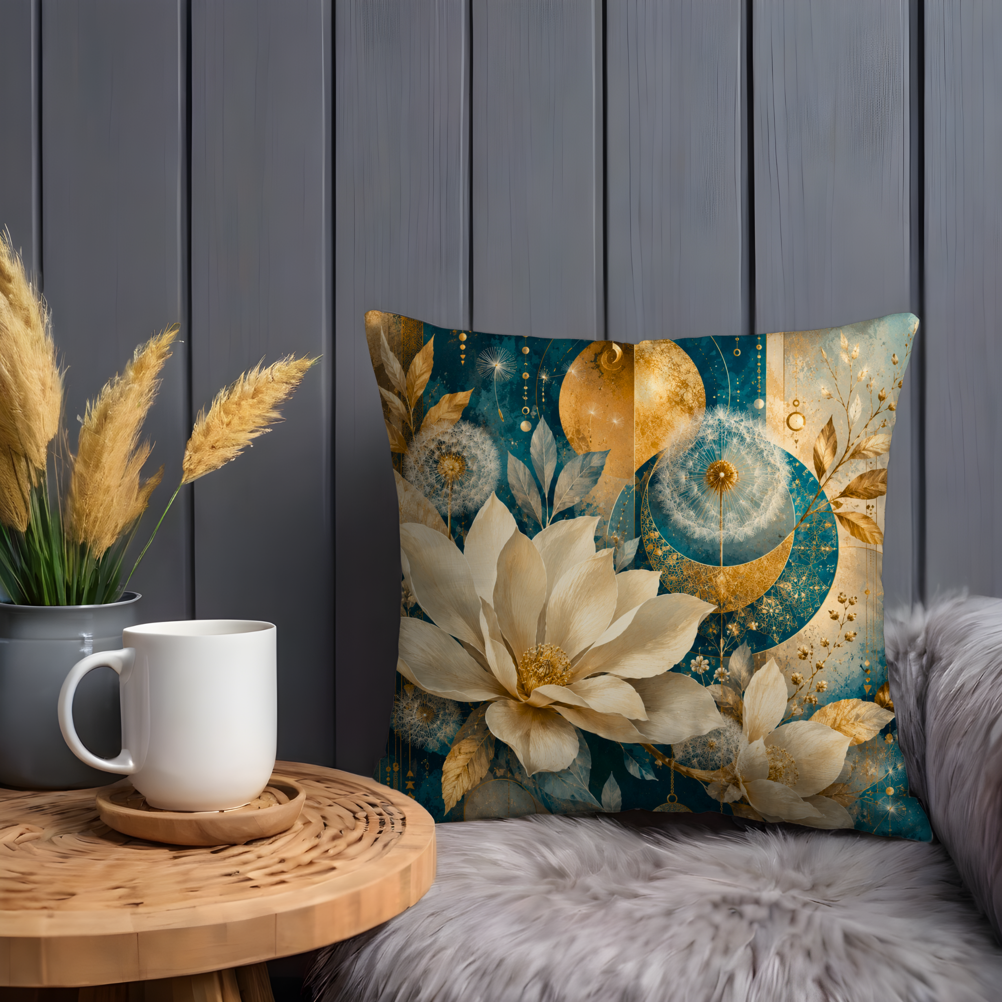 Celestial Floral Pillow Cover | Elegant Moon Art | Luxe Botanical Decor