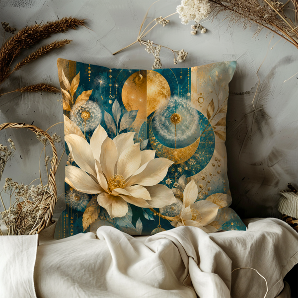 Celestial Floral Pillow Cover | Elegant Moon Art | Luxe Botanical Decor