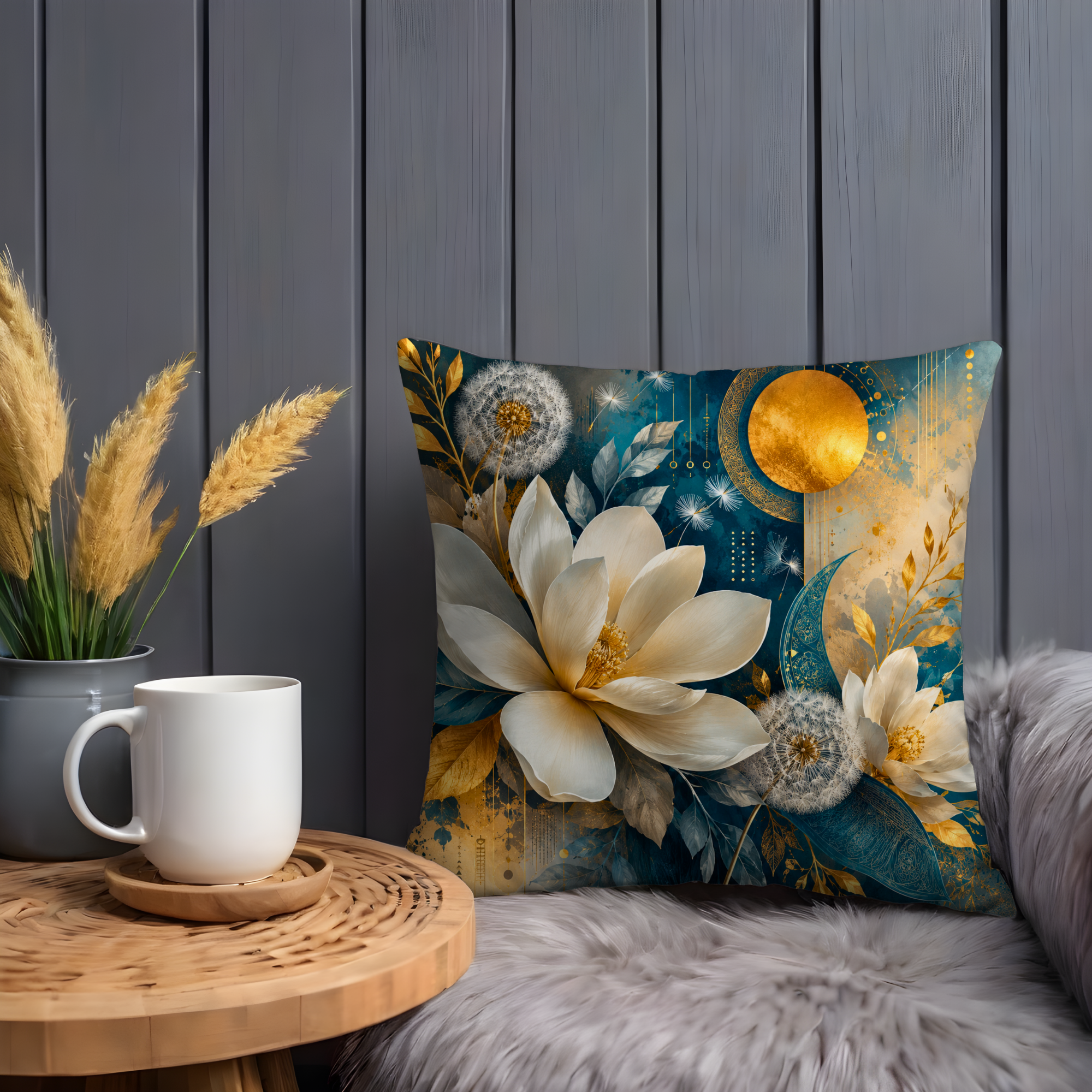 Magnolia Moon Pillow Cover | Mystical Floral Art | Elegant Boho Decor