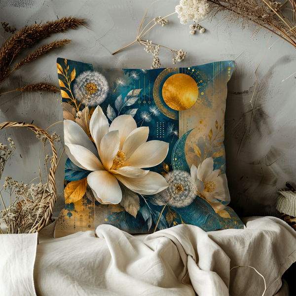 Magnolia Moon Pillow Cover – Mystical Floral Art | Elegant Boho Decor