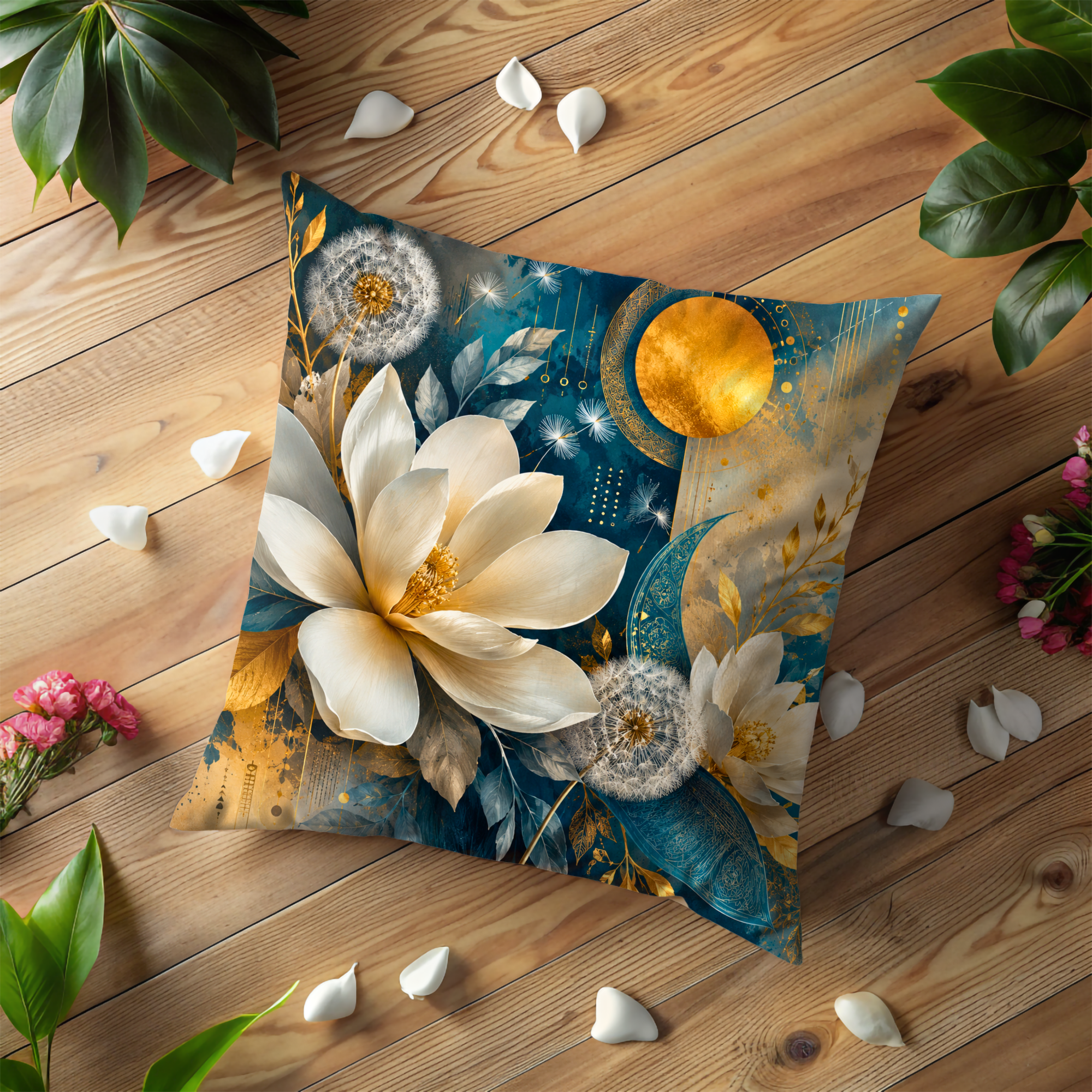 Magnolia Moon Pillow Cover | Mystical Floral Art | Elegant Boho Decor