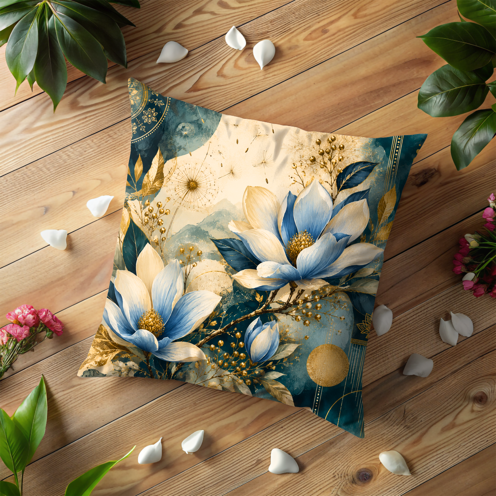 Blue Magnolia Pillow Cover | Elegant Floral Art | Luxe Botanical Decor