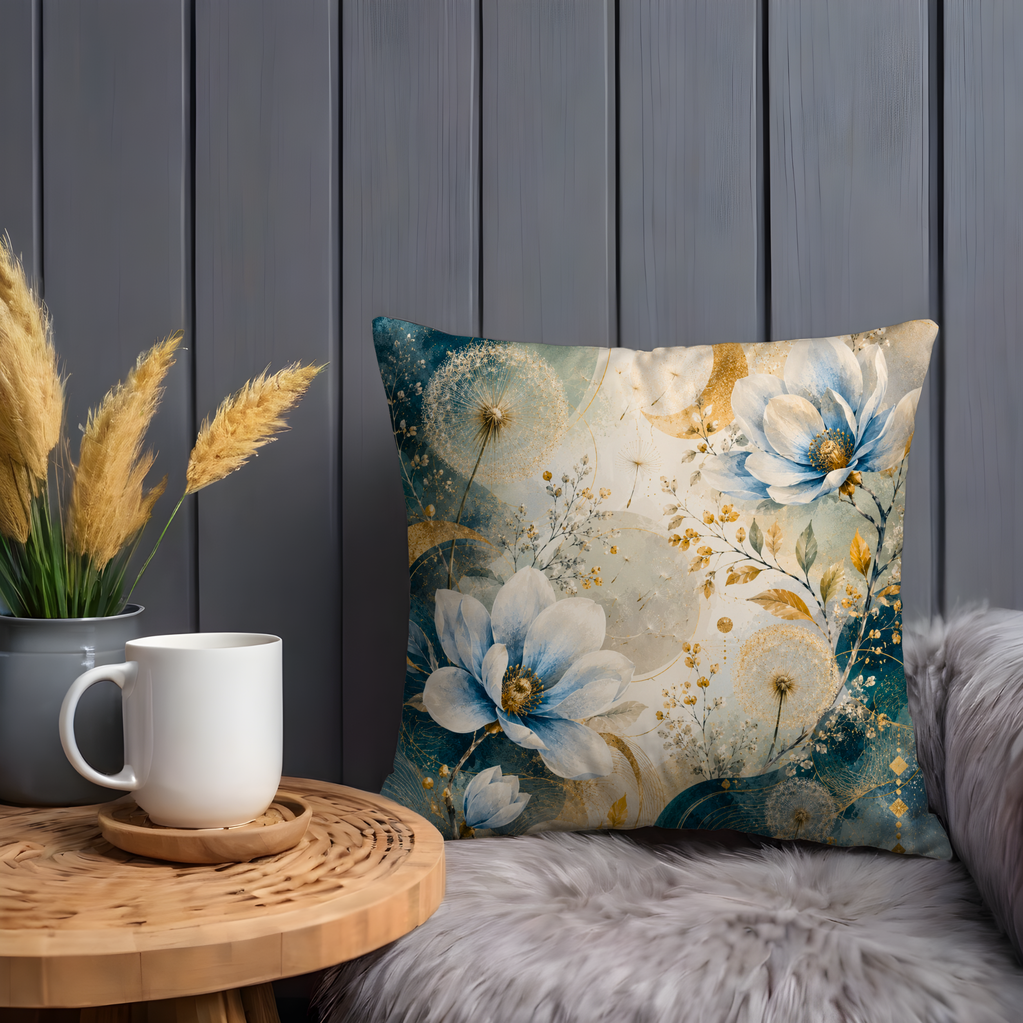 Blue Magnolia Moon Pillow Cover | Mystical Floral Art | Elegant Boho Decor