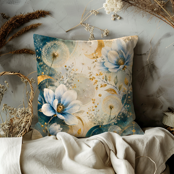 Blue Magnolia Moon Pillow Cover – Mystical Floral Art | Elegant Boho Decor