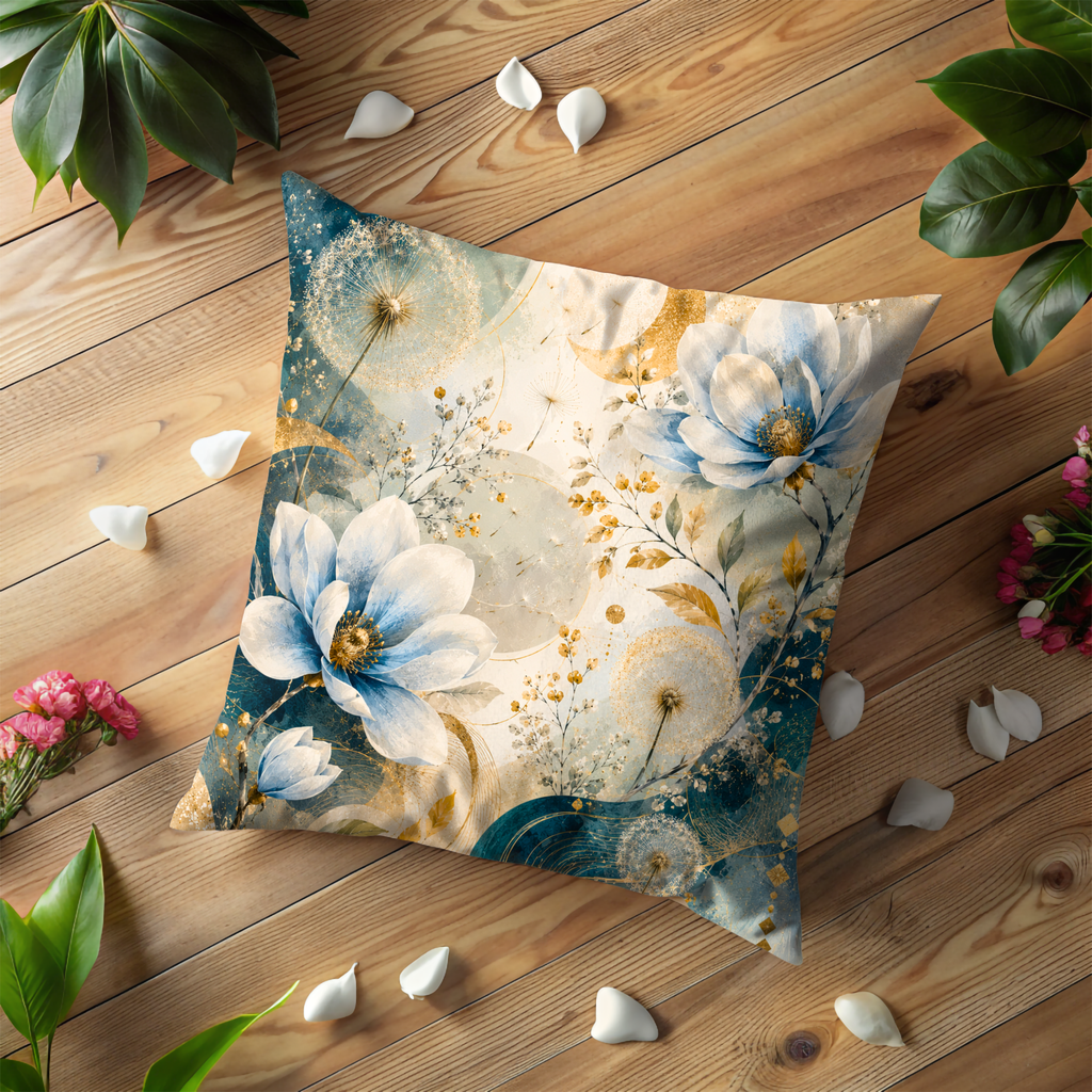 Blue Magnolia Moon Pillow Cover | Mystical Floral Art | Elegant Boho Decor