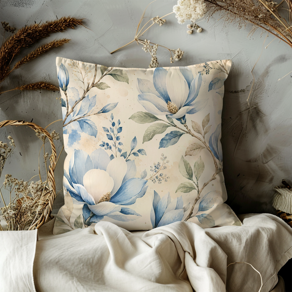 Blue Magnolia Pillow Cover – Elegant Floral Art | Soft Nature Decor