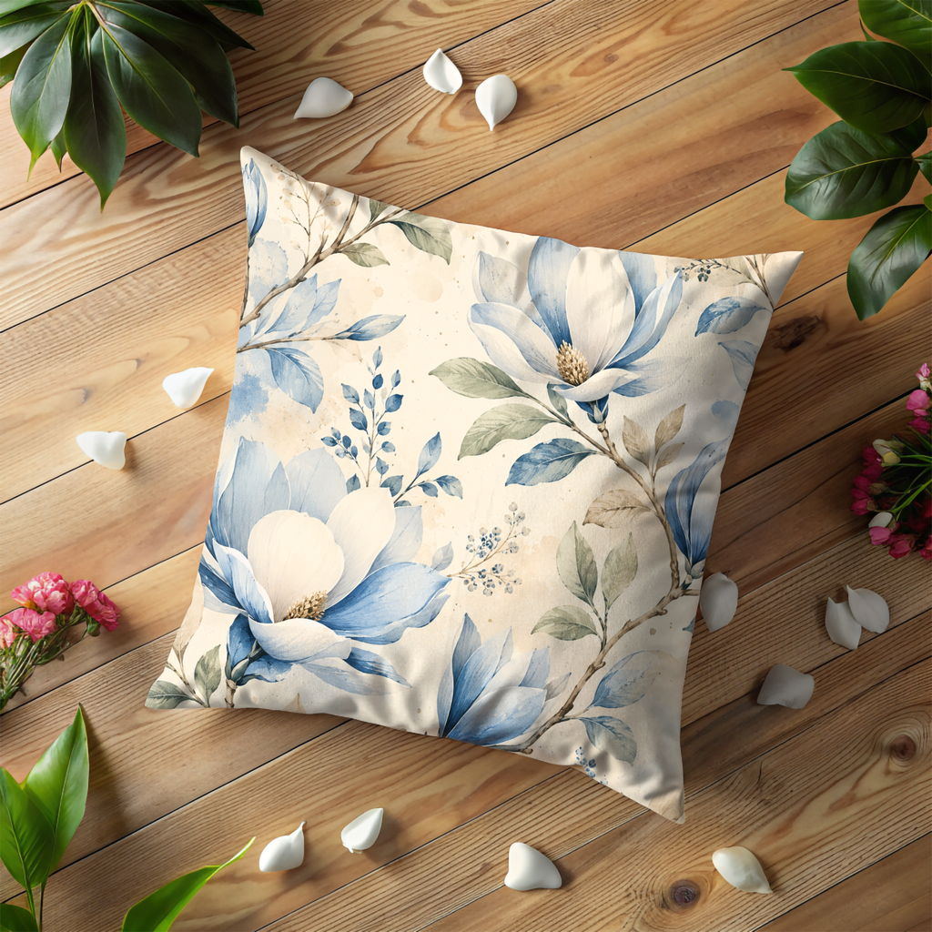 Blue Magnolia Pillow Cover | Elegant Floral Art | Soft Nature Decor
