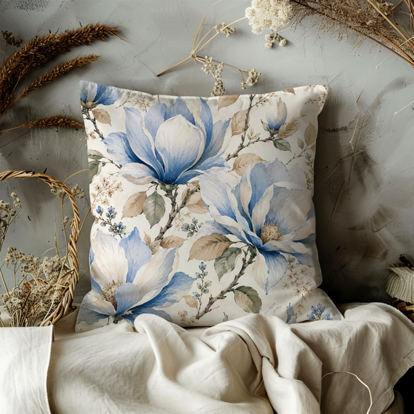 Blue Magnolia Pillow Cover – Elegant Floral Art | Neutral Boho Decor