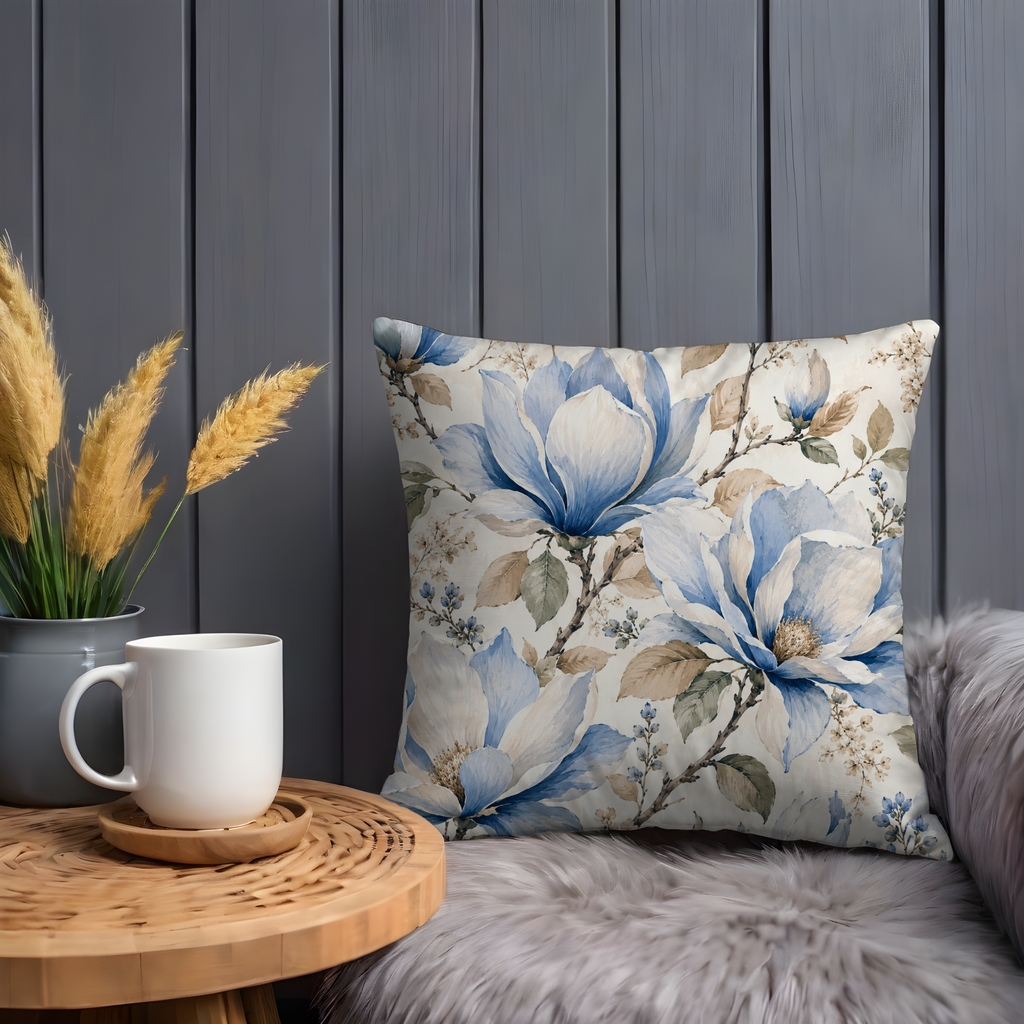 Blue Magnolia Pillow Cover | Elegant Floral Art | Neutral Boho Decor