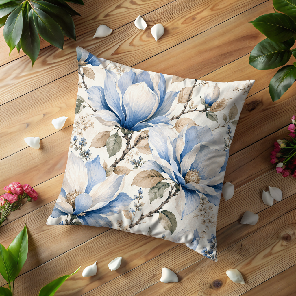Blue Magnolia Pillow Cover | Elegant Floral Art | Neutral Boho Decor