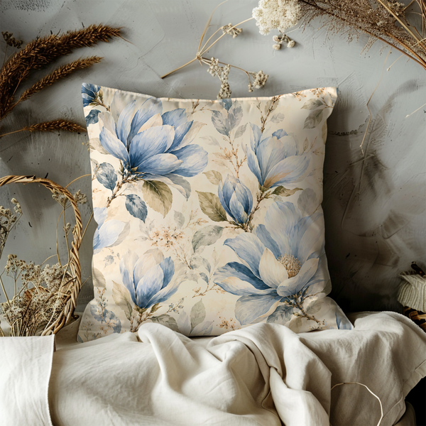 Blue Magnolia Pillow Cover – Elegant Floral Art | Soft Nature Decor