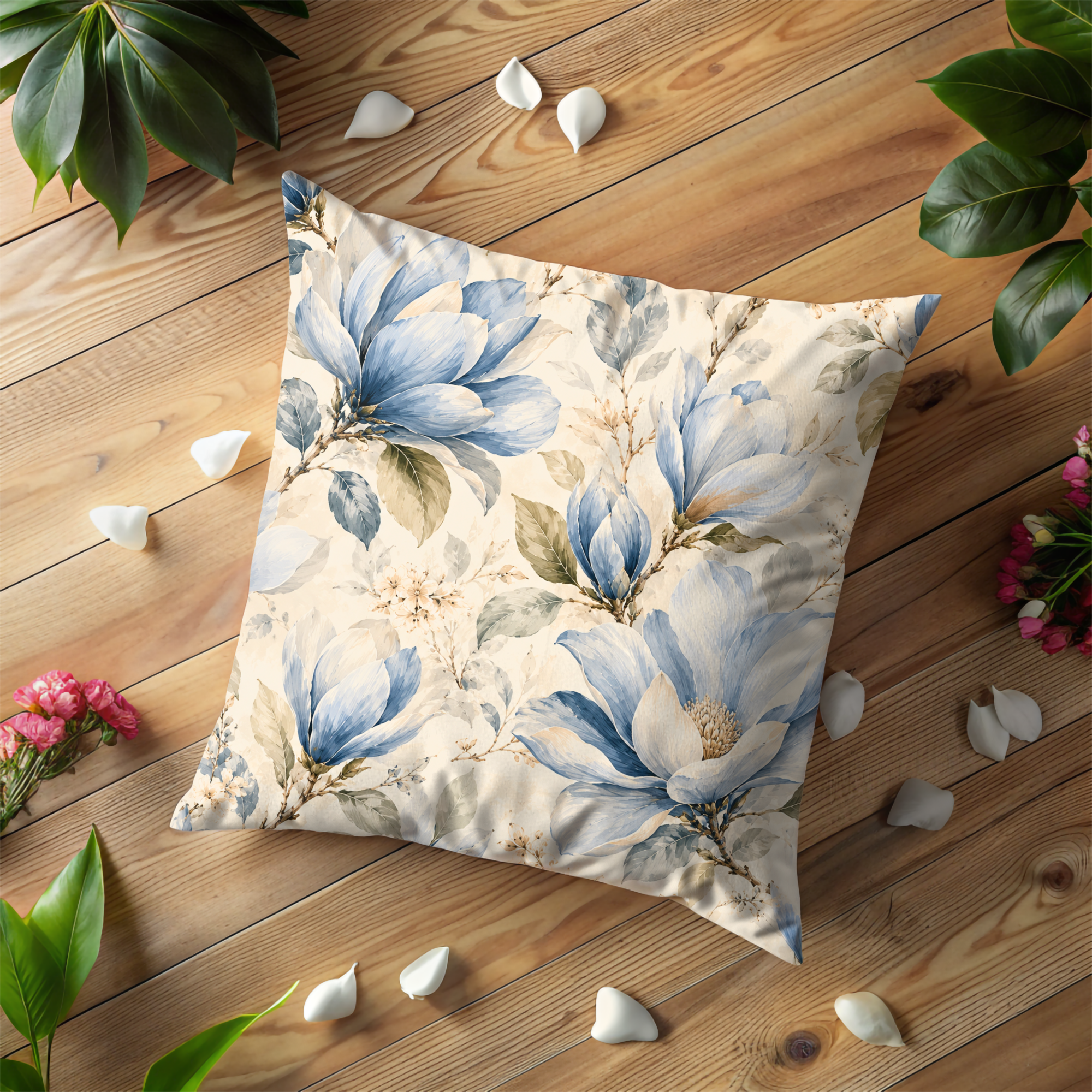 Blue Magnolia Pillow Cover | Elegant Floral Art | Soft Nature Decor