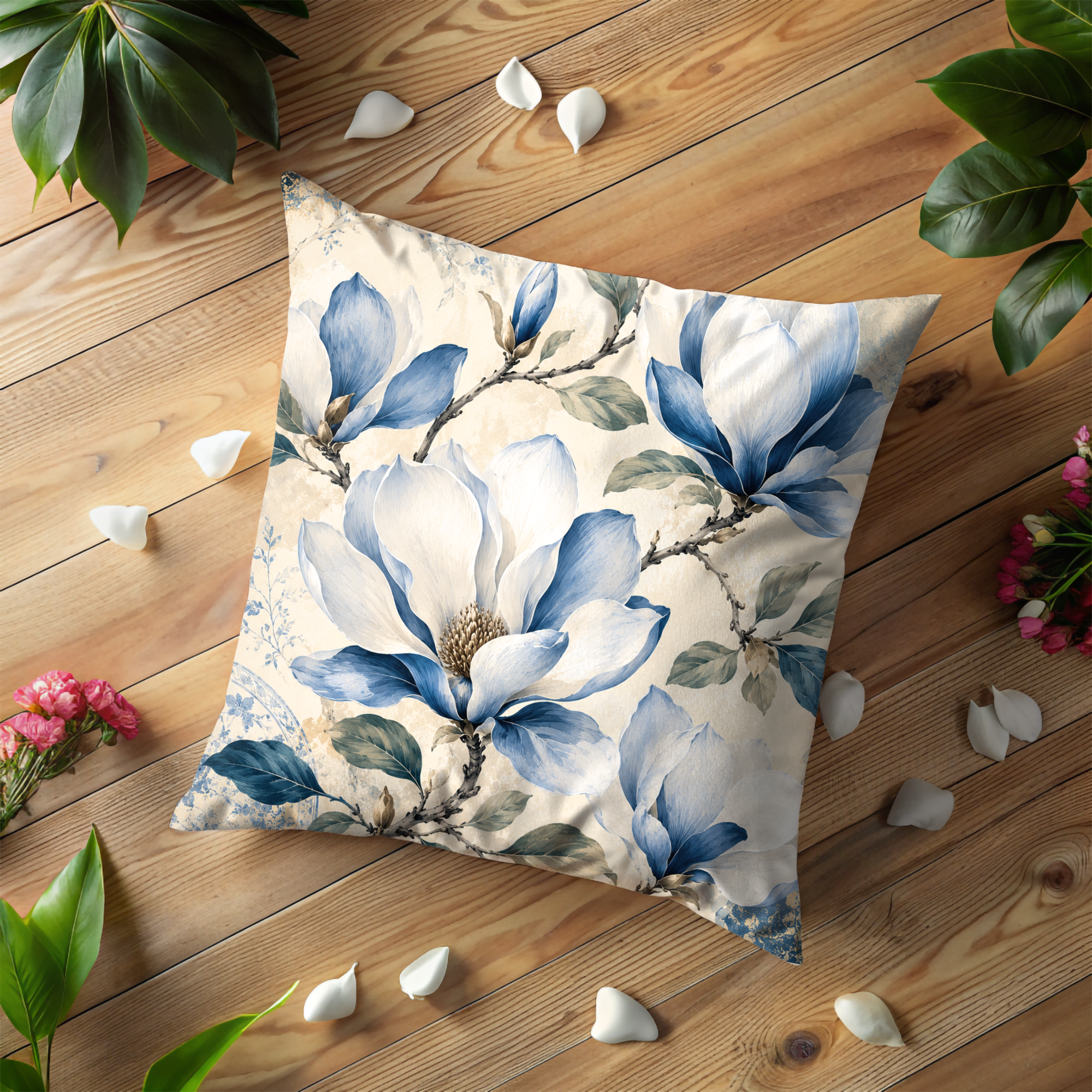 Blue Magnolia Pillow Cover | Elegant Floral Art | Neutral Boho Decor