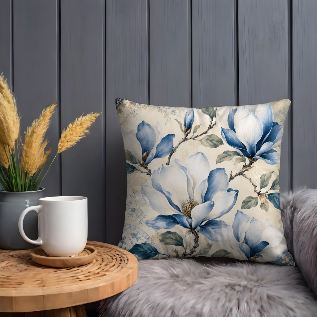 Blue Magnolia Pillow Cover | Elegant Floral Art | Neutral Boho Decor