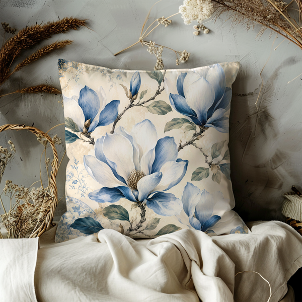 Blue Magnolia Pillow Cover – Elegant Floral Art | Neutral Boho Decor