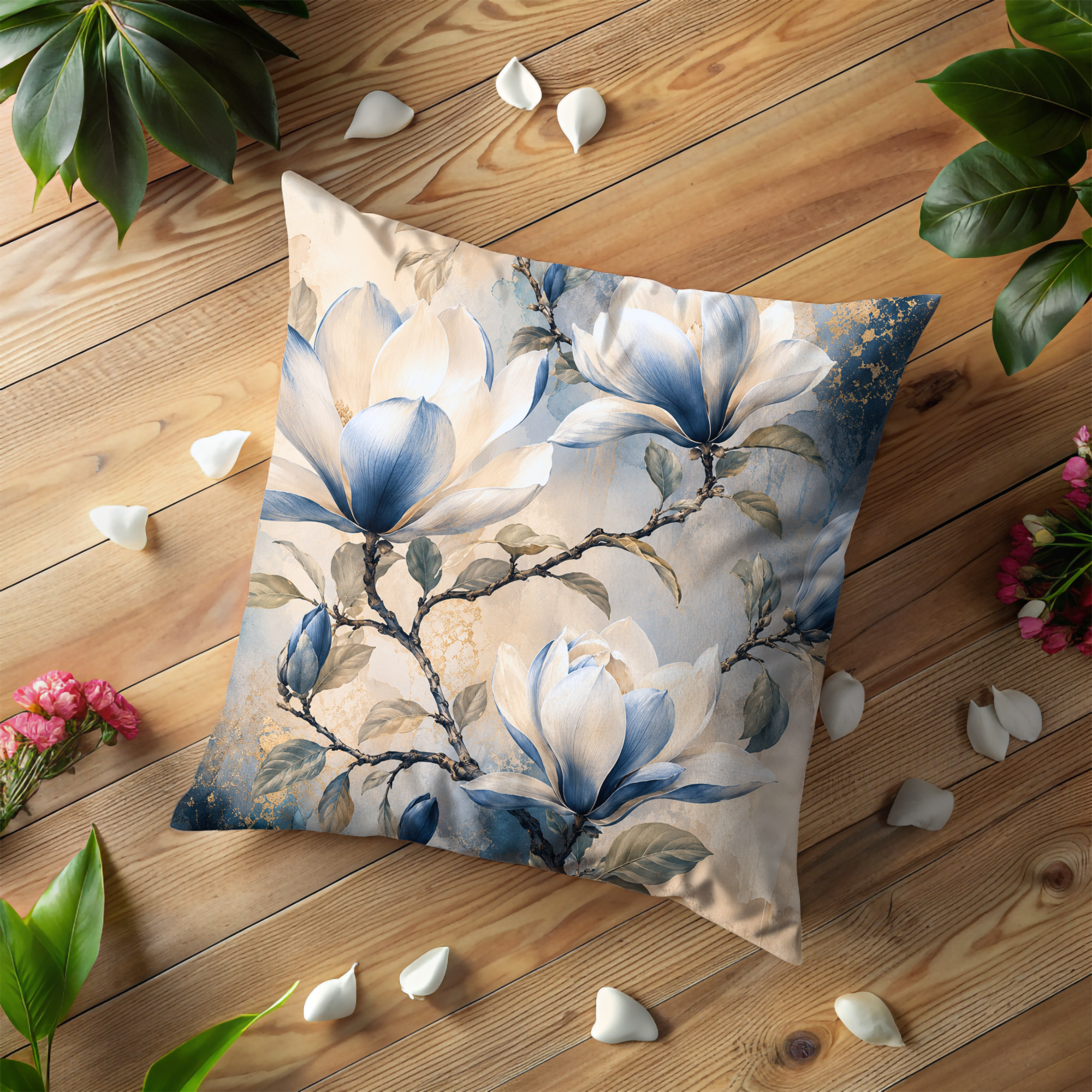 Blue Magnolia Pillow Cover | Elegant Floral Art | Soft Nature Decor