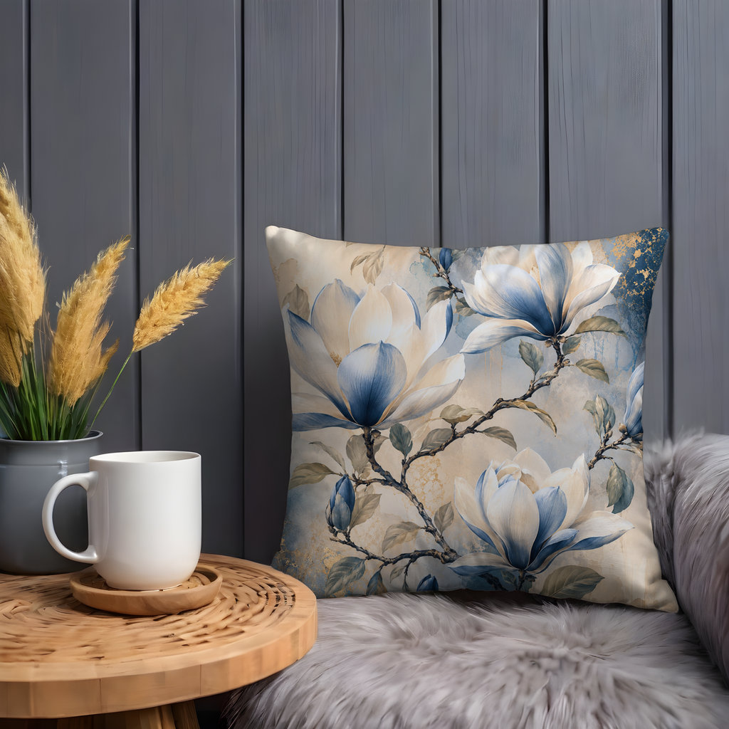 Blue Magnolia Pillow Cover | Elegant Floral Art | Soft Nature Decor