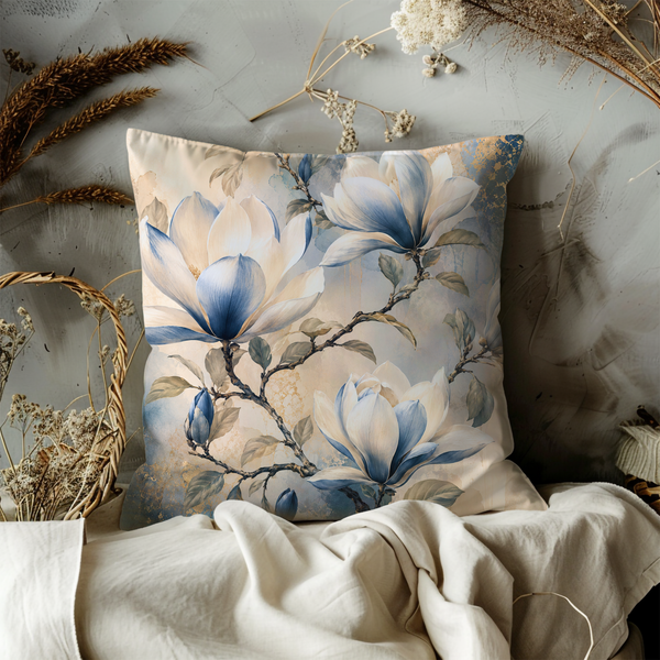 Blue Magnolia Pillow Cover – Elegant Floral Art | Soft Nature Decor