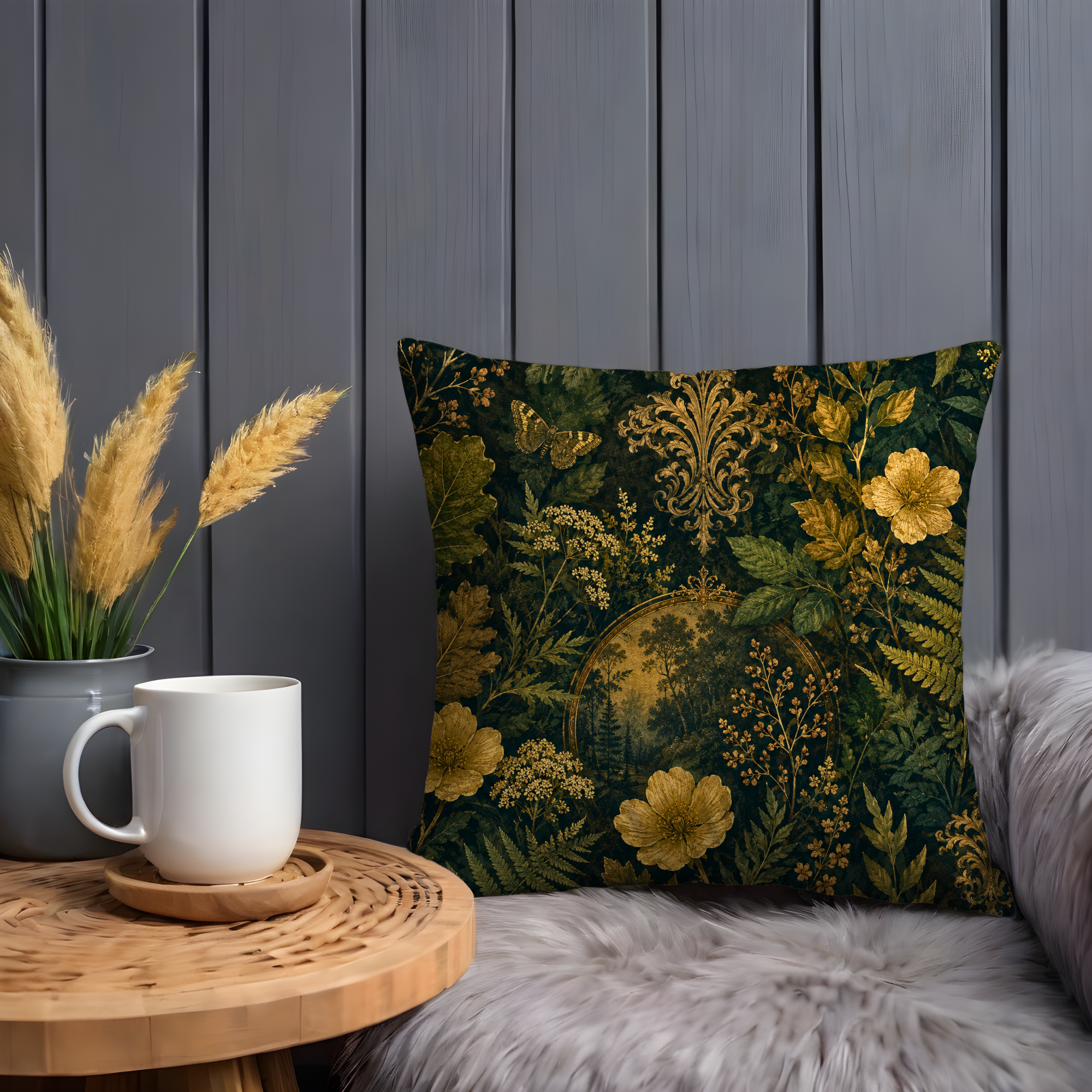 Golden Forest Pillow Cover | Dark Green Botanical Art | Luxury Boho Decor