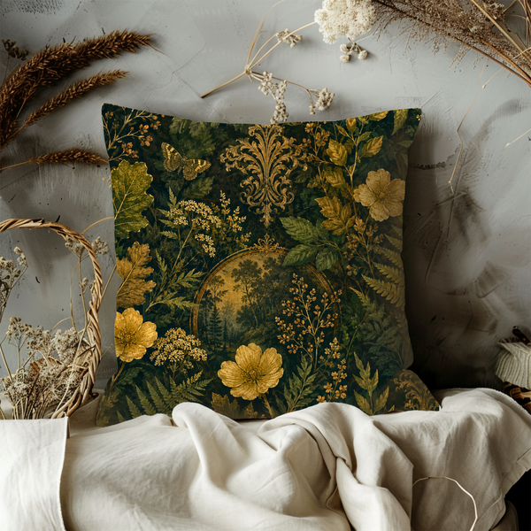 Golden Forest Pillow Cover – Dark Green Botanical Art | Luxury Boho Decor