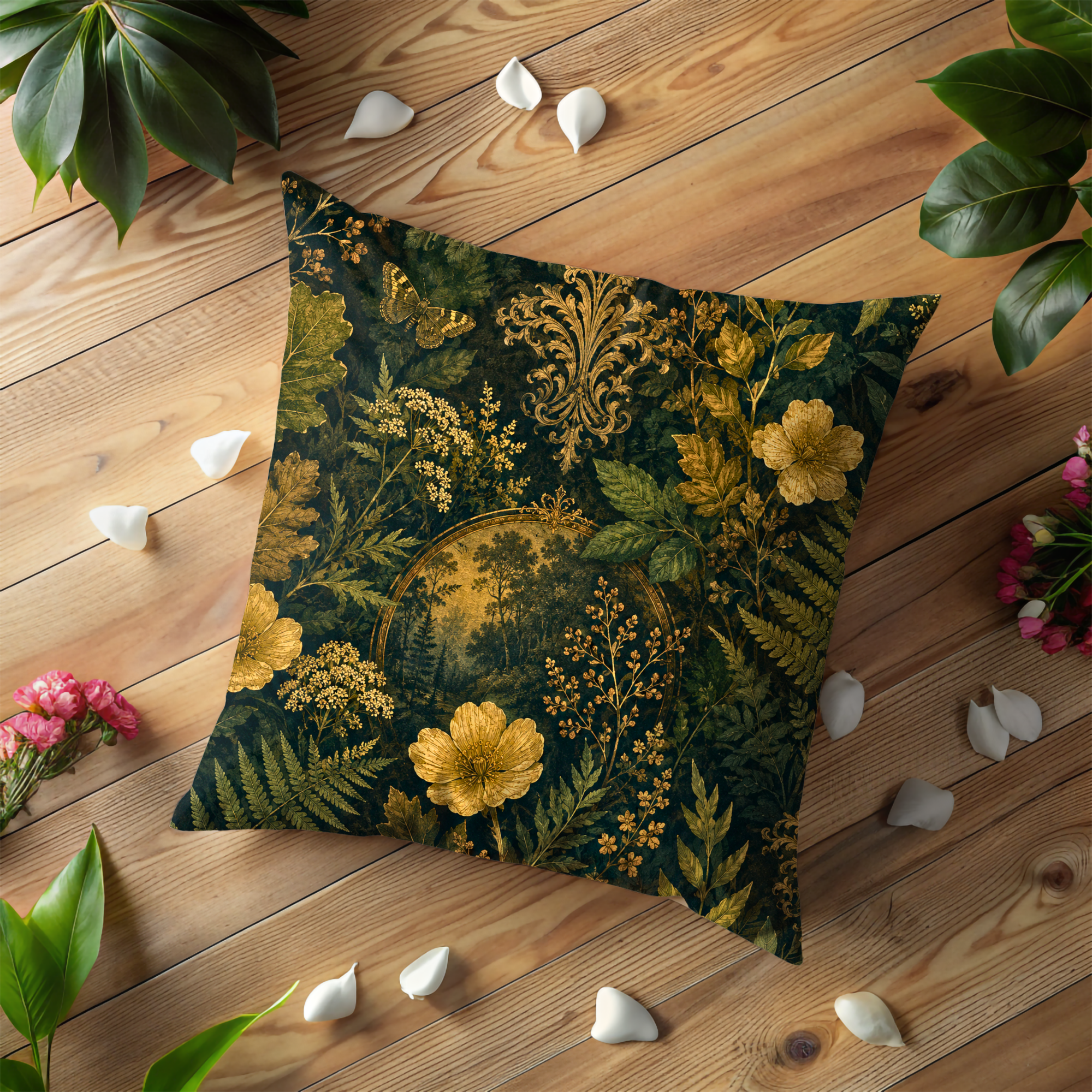 Golden Forest Pillow Cover | Dark Green Botanical Art | Luxury Boho Decor