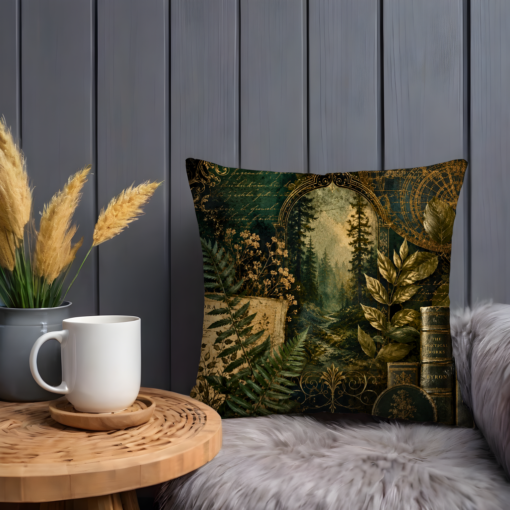 Golden Forest Library Pillow Cover | Dark Green Mystical Art | Luxury Decor