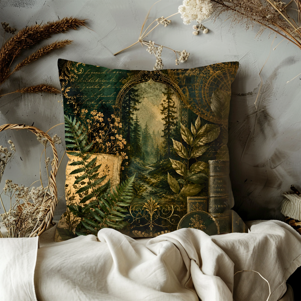 Golden Forest Library Pillow Cover – Dark Green Mystical Art | Luxury Decor