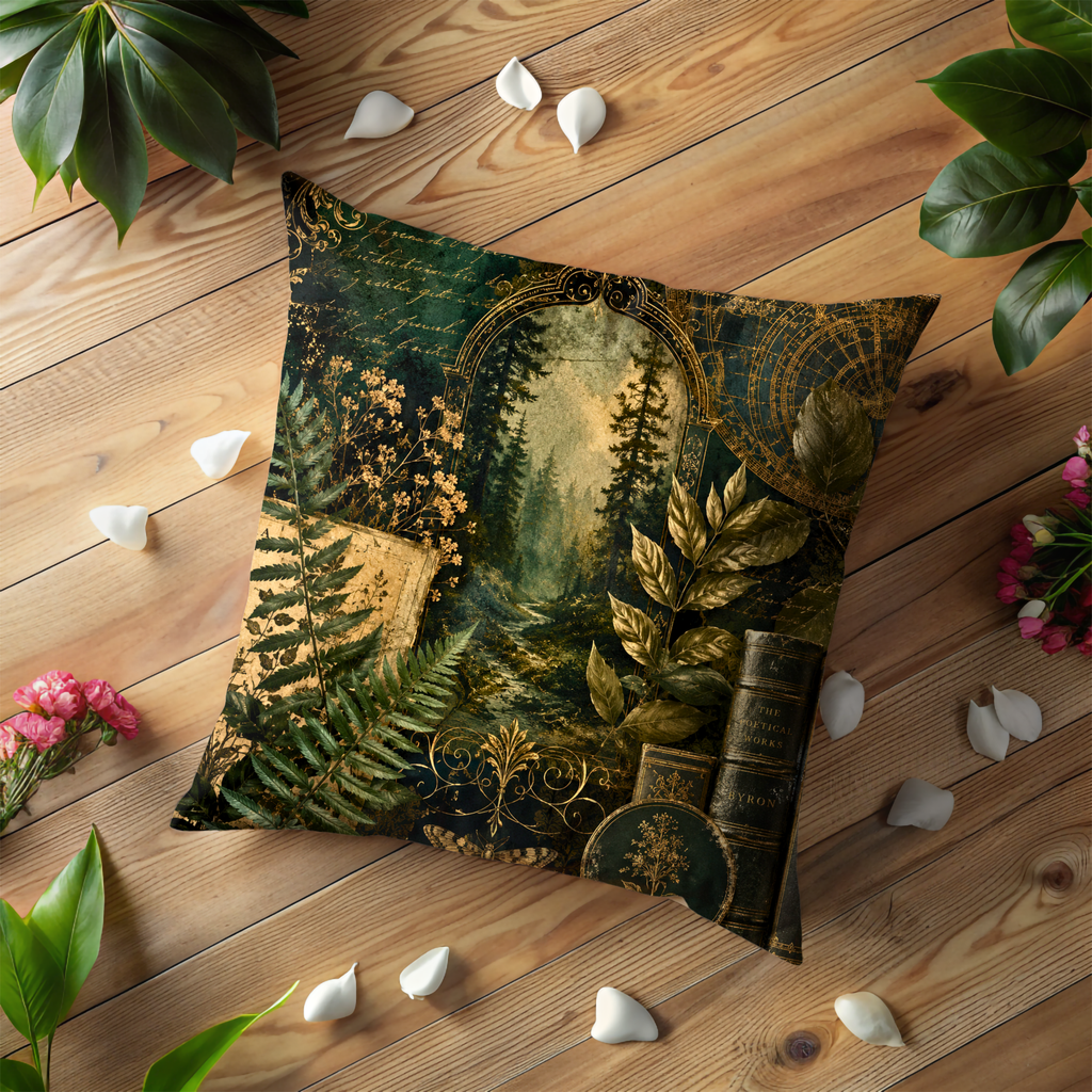 Golden Forest Library Pillow Cover | Dark Green Mystical Art | Luxury Decor