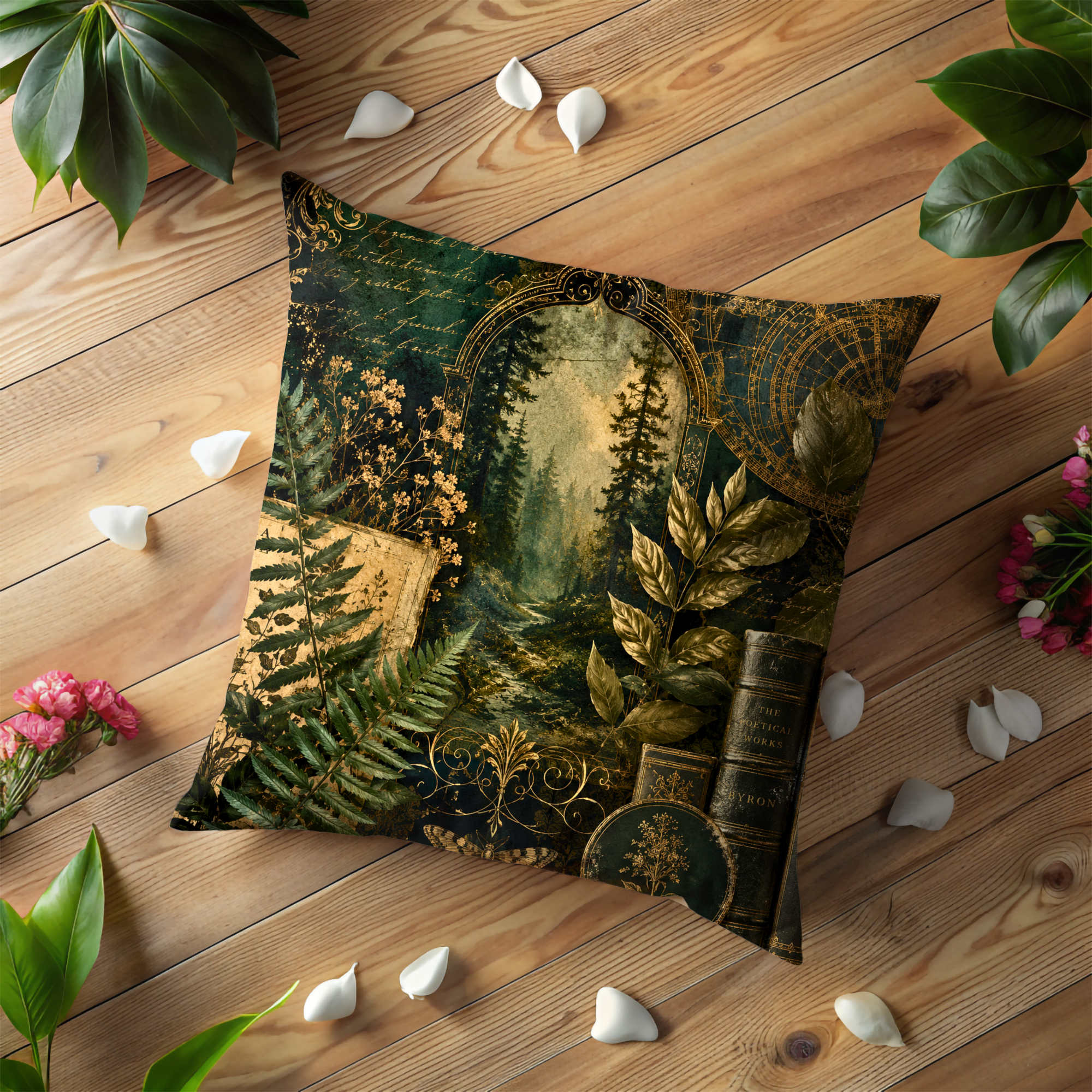 Golden Forest Library Pillow Cover | Dark Green Mystical Art | Luxury Decor