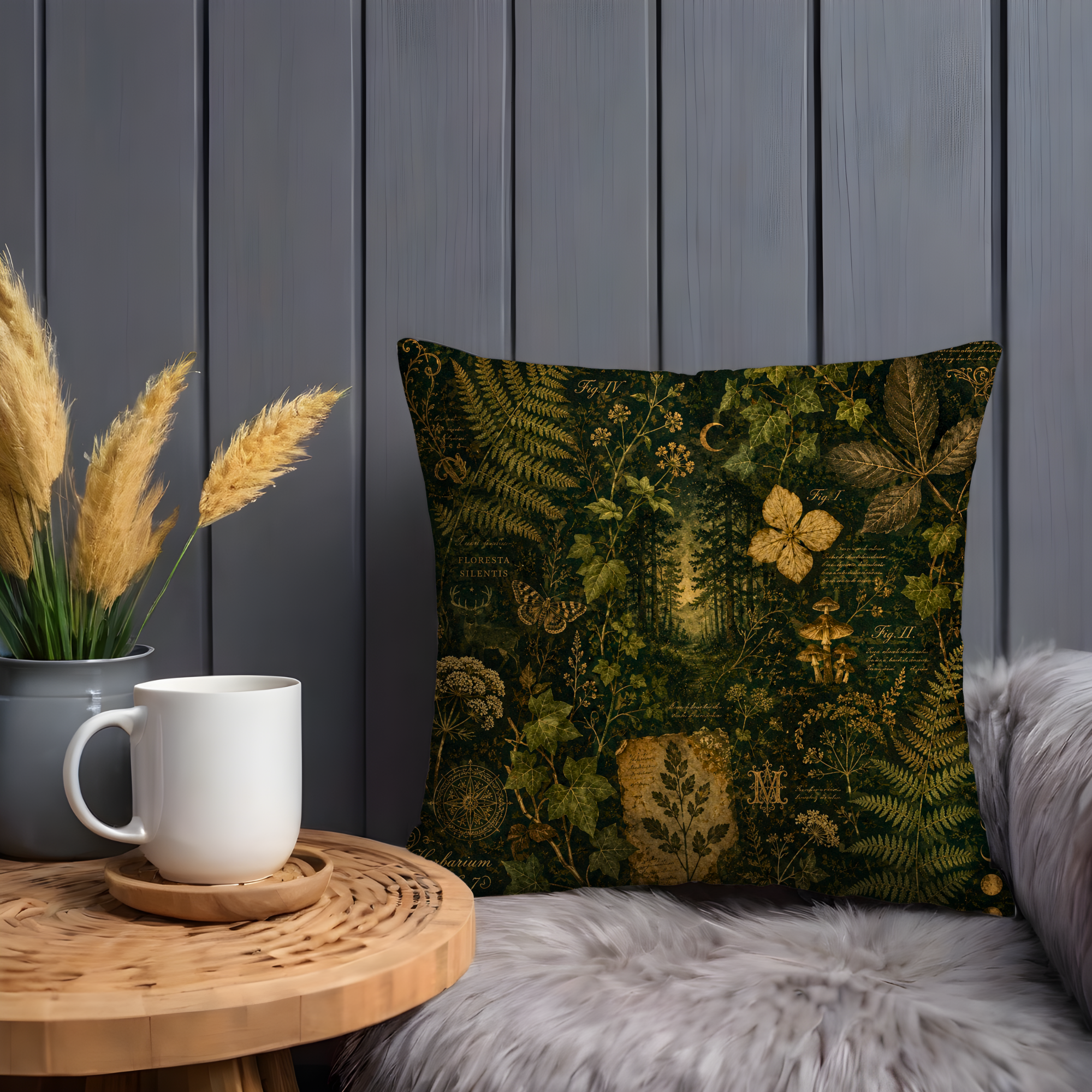 Vintage Herbarium Pillow Cover | Dark Green Botanical Art | Mystical Nature Decor