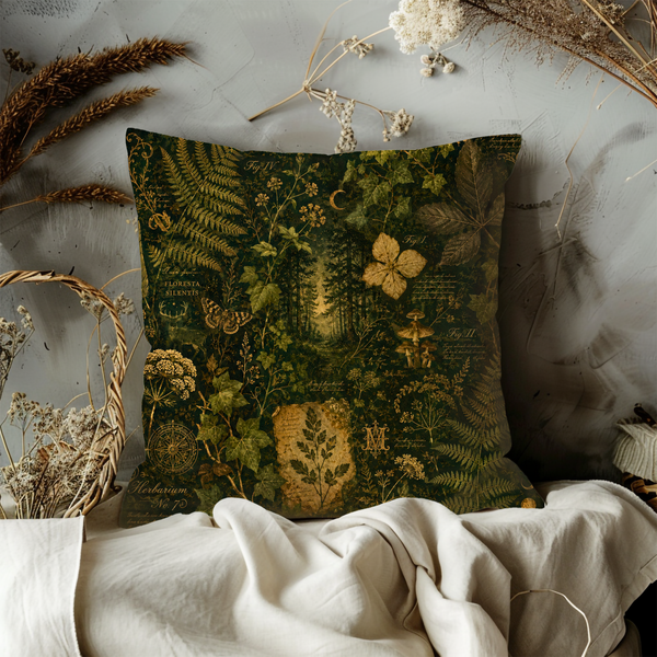 Vintage Herbarium Pillow Cover – Dark Green Botanical Art | Mystical Nature Decor