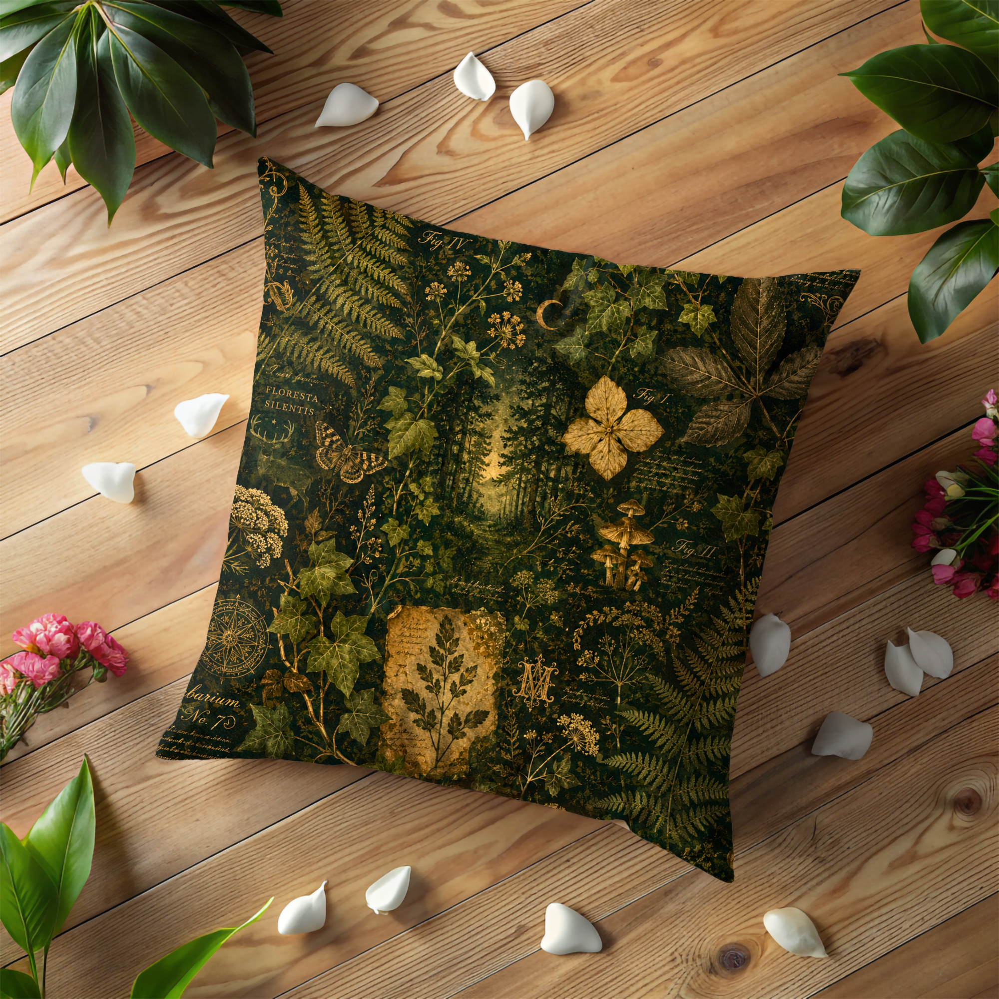 Vintage Herbarium Pillow Cover | Dark Green Botanical Art | Mystical Nature Decor