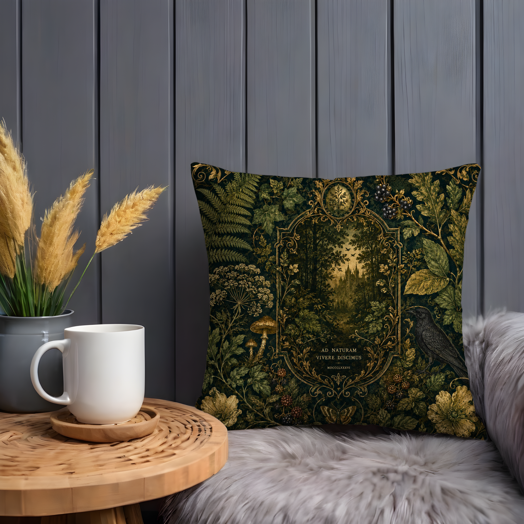 Enchanted Forest Pillow Cover | Dark Green Mystical Art | Luxury Boho Decor