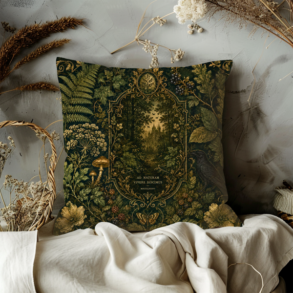 Enchanted Forest Pillow Cover – Dark Green Mystical Art | Luxury Boho Decor