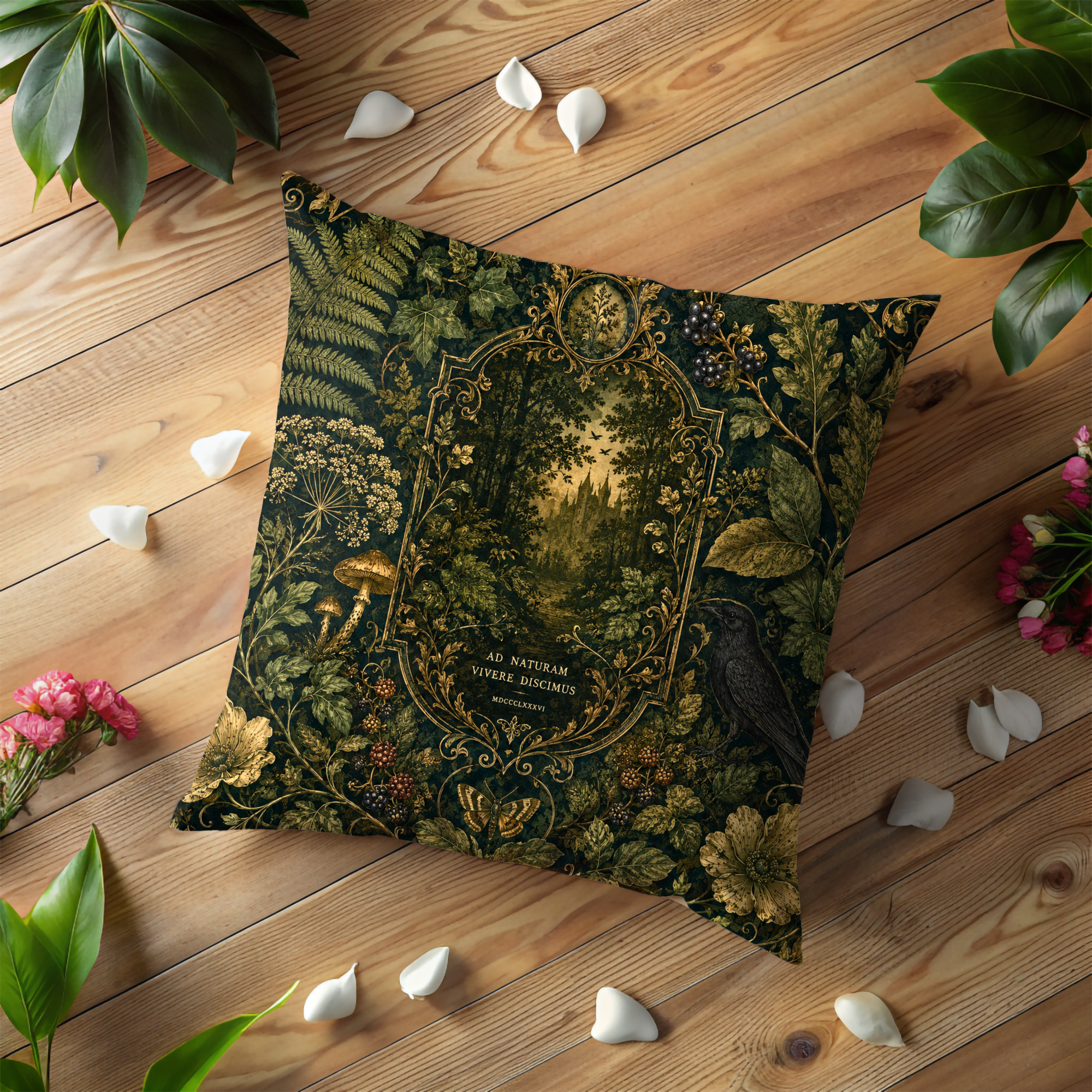 Enchanted Forest Pillow Cover | Dark Green Mystical Art | Luxury Boho Decor