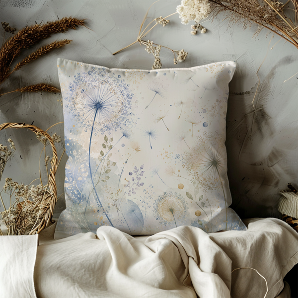 Dandelion Wishes Pillow Cover – Soft Blue Floral Art | Dreamy Boho Decor
