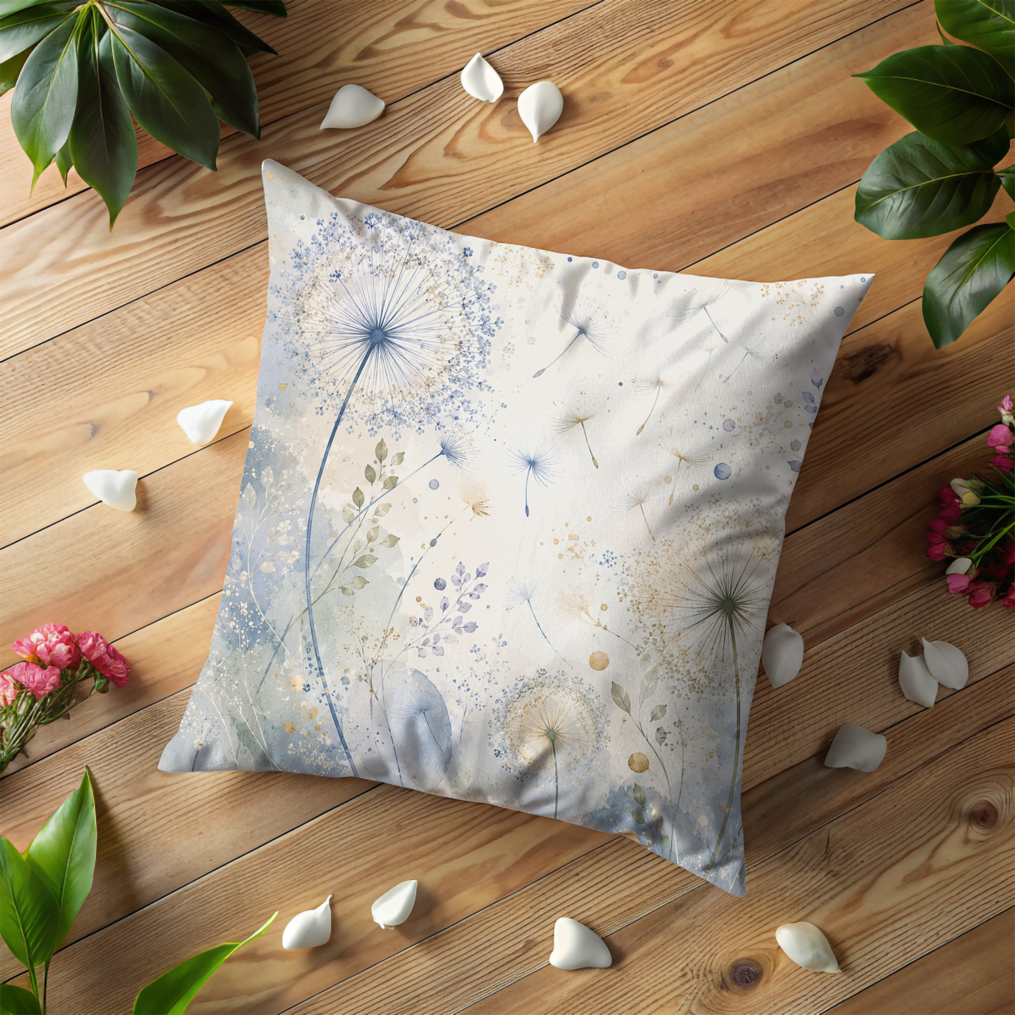 Dandelion Wishes Pillow Cover | Soft Blue Floral Art | Dreamy Boho Decor