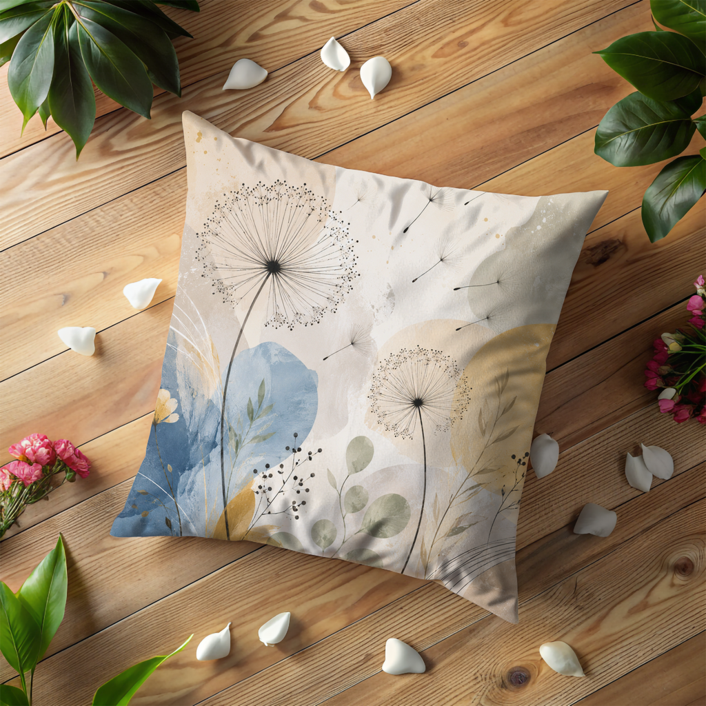 Dandelion Dreams Pillow Cover | Soft Blue Botanical Art | Dreamy Boho Decor