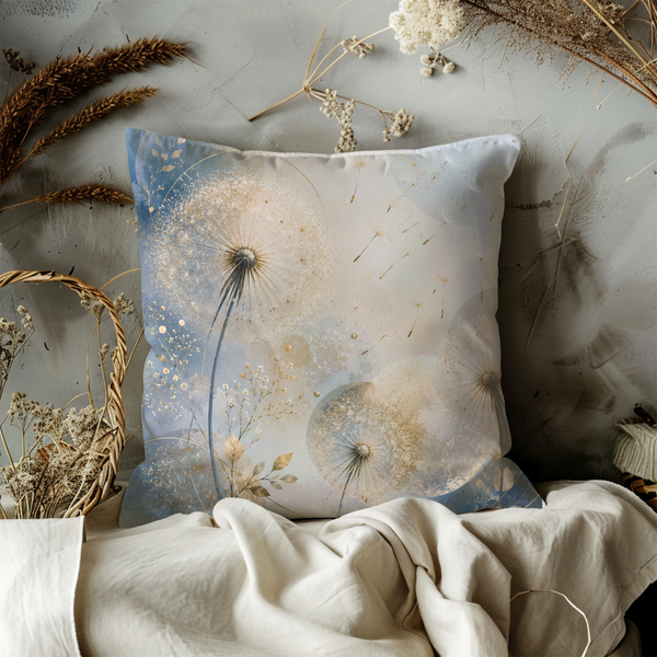 Golden Dandelion Pillow Cover – Dreamy Botanical Art | Soft Boho Decor