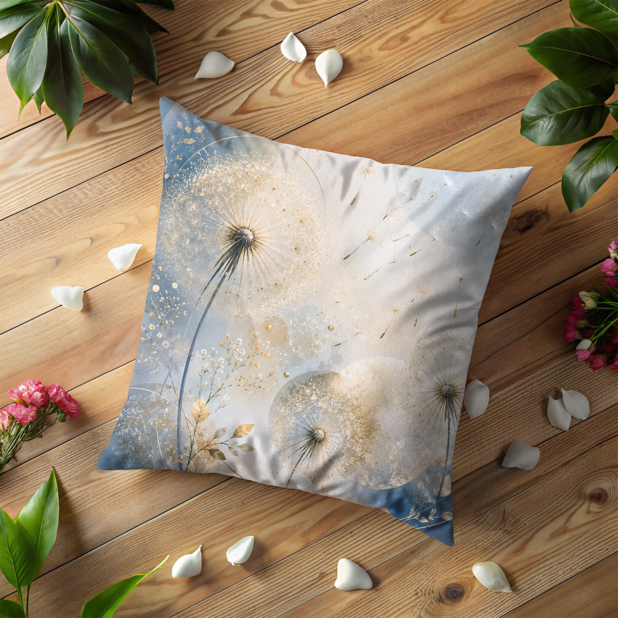 Golden Dandelion Pillow Cover | Dreamy Botanical Art | Soft Boho Decor