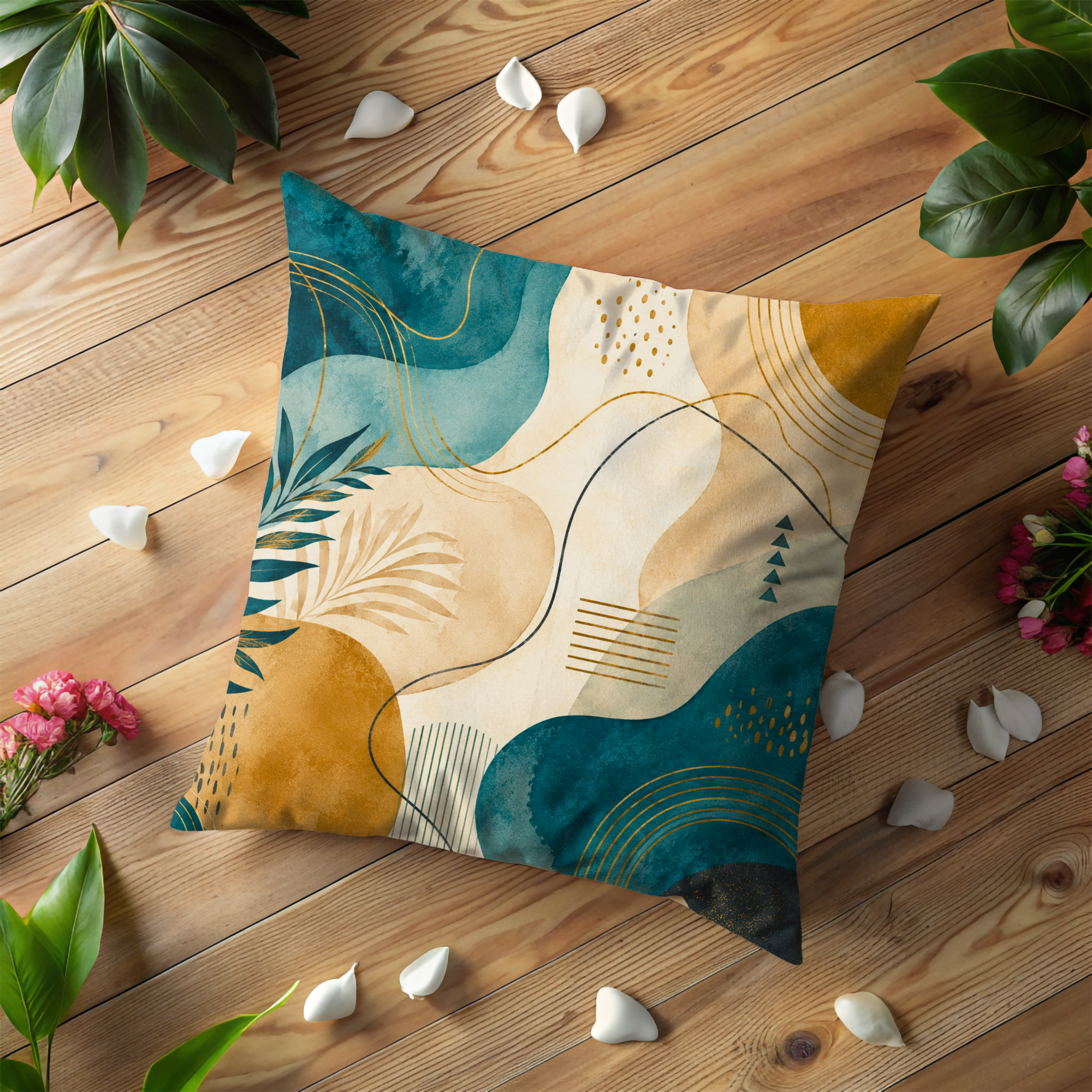 Teal Gold Abstract Pillow Cover | Modern Geometric Art | Luxe Nature Decor