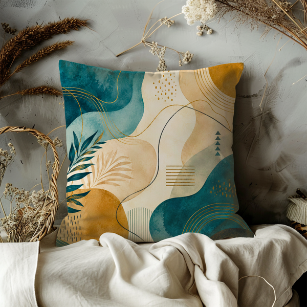 Teal Gold Abstract Pillow Cover – Modern Geometric Art | Luxe Nature Decor